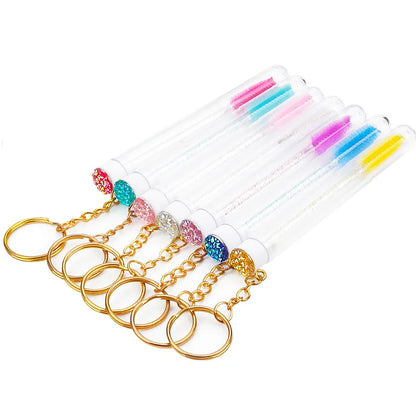 10 Pcs Brosse à cils en tube avec porte-clés doré et bouchons en diamant