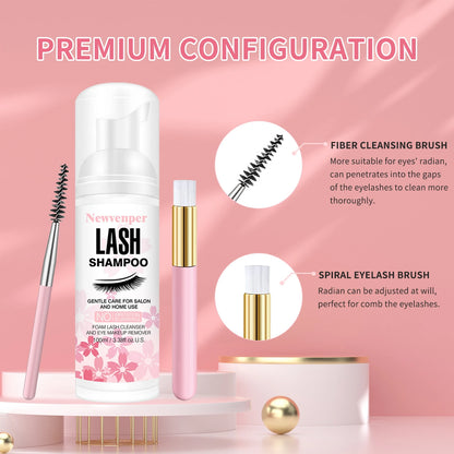 Set de shampoing pour extension de cils 100ML avec pinceau de nettoyage et brosse de Mascara - soin nettoyant et hydratant