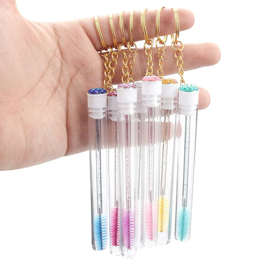 10 Pcs Brosse à cils en tube avec porte-clés doré et bouchons en diamant