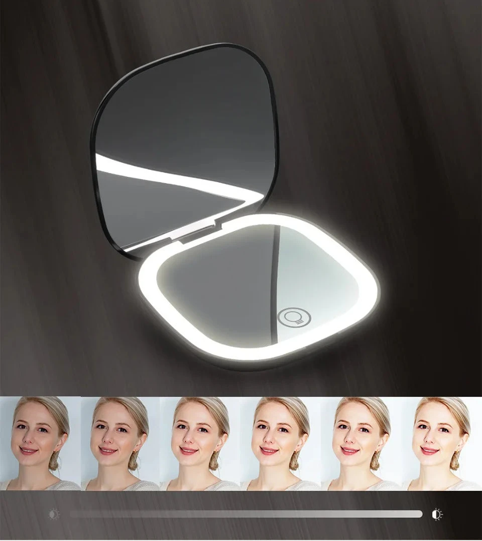 Petit miroir Led de poche pliable compact - grossissement 5x/10x Miroir rechargeable