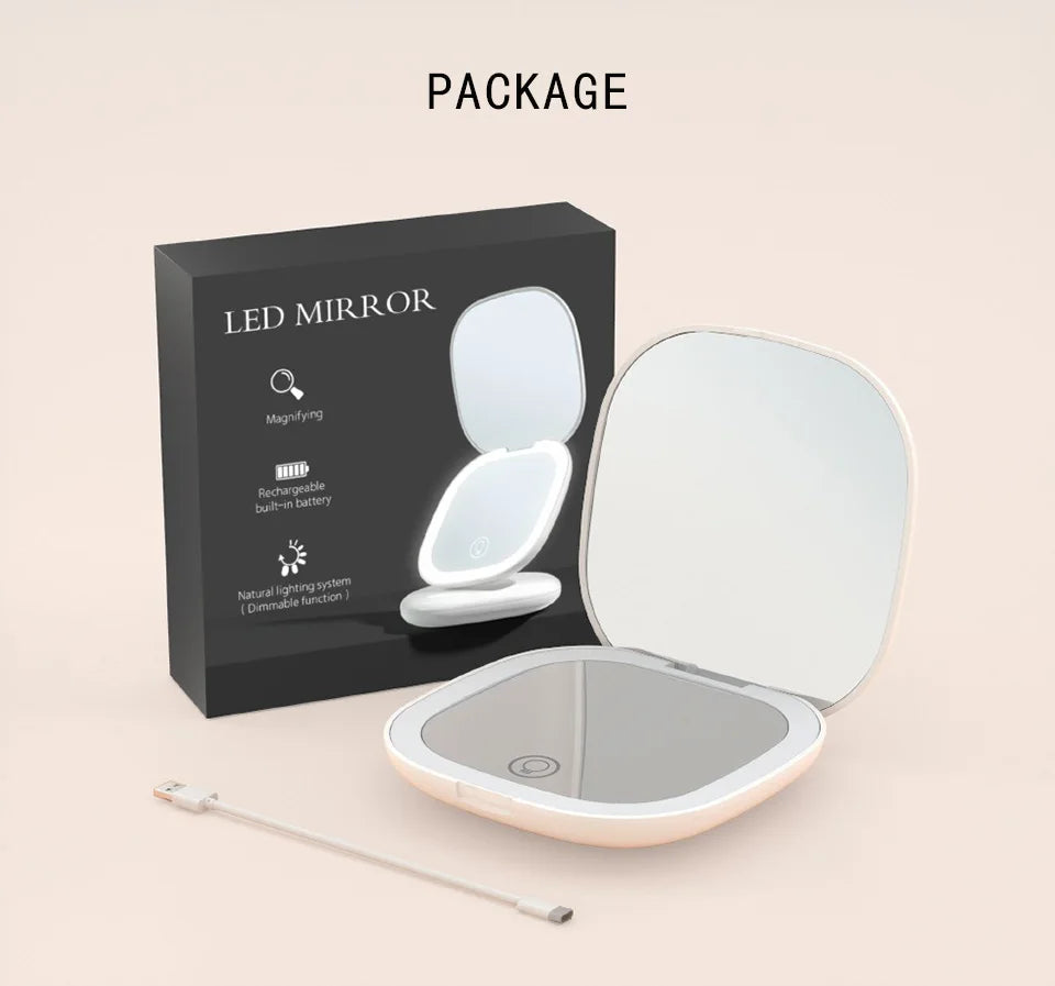 Petit miroir Led de poche pliable compact - grossissement 5x/10x Miroir rechargeable