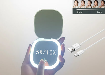 Petit miroir Led de poche pliable compact - grossissement 5x/10x Miroir rechargeable